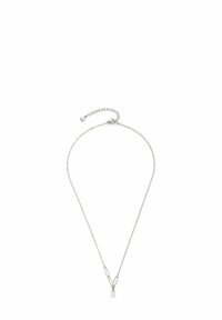 Collana d'argento con catena delicata, caratterizzata da un pendente a goccia allungato e un design a forma di Y. Lunghezza regolabile con chiusura a gancio.