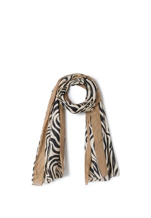 Lightweight scarf with beige and black zebra print pattern, loosely looped with ends hanging down on white background.