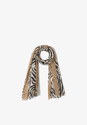 Leichter Schal mit beige-schwarzem Zebramuster, locker geschlungen mit herabhängenden Enden auf weißem Hintergrund.