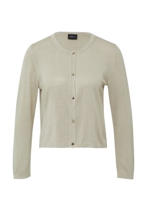 Beige langärmeliger Cardigan aus leichtem Strickstoff, mit rundem Halsausschnitt, sieben Knöpfen auf der Vorderseite und cropped Saum.