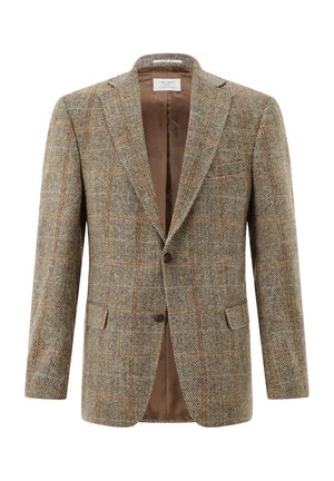 Einreihiger Herrenblazer mit braunem Fischgräten-Tweedmuster, zwei vorderen Knöpfen, Klappentaschen und braunem Satinfutter.