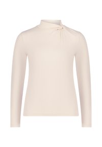 Langarmshirt aus weichem beigen Stoff mit einem hohen Kragen und einem gedrehten Akzent auf der linken Schulter. Glattes, körperbetontes Design.