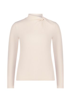 Langarmshirt aus weichem beigen Stoff mit einem hohen Kragen und einem gedrehten Akzent auf der linken Schulter. Glattes, körperbetontes Design.