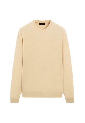 Beige strikket sweater med rund halsudskæring, lange ærmer og blød tekstur. Enkel design med ribstrikkede manchetter og kant.