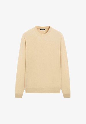 Beige gebreide trui met een ronde hals, lange mouwen en een zachte textuur. Eenvoudig ontwerp met geribbelde manchetten en zoom.