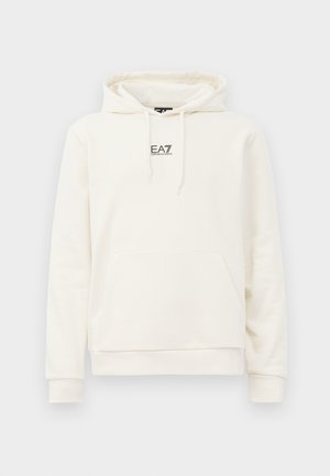 Kremfarget hettegenser med lommer foran, snor ved hetten og liten svart "EA7 Emporio Armani" logo i midten av brystet.