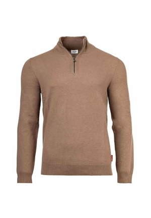 Brun langærmet strikket trøje med kvart lynlås krave og ribbede manchetter og kant, ensfarvet design, mærket "JOOP!" indeni kraven.