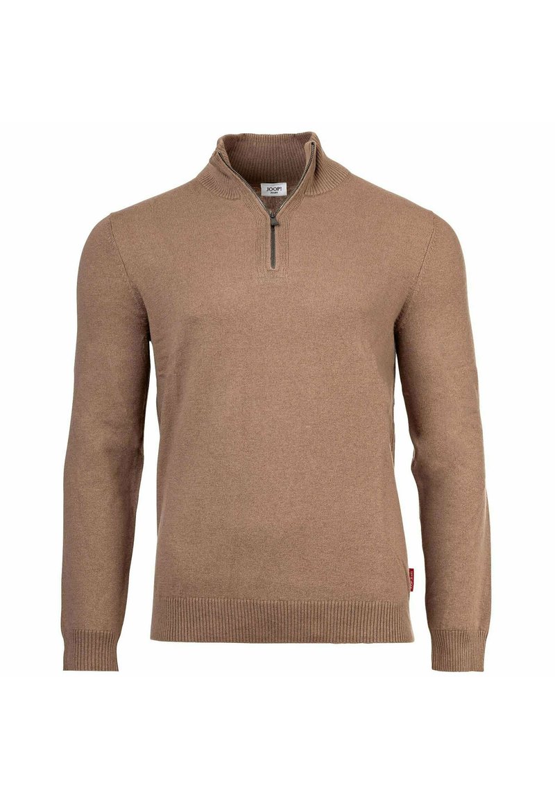 Brązowy sweter z długim rękawem, dziany, z kołnierzem na ćwierć zamek i prążkowanymi mankietami oraz dołem, jednolity wzór, z metką "JOOP!" wewnątrz kołnierza.
