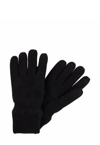 Zwarte gebreide handschoenen met geribbelde polsmanchet, met vijfvingerbedekking en een gladde textuur. Geschikt voor gebruik in koud weer.