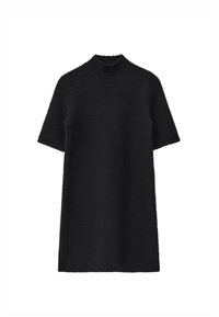 Schwarzes, kurzärmliges Kleid mit hohem Kragen, aus strukturiertem Stoff. Schlichtes, gerades Design ohne sichtbare Muster oder Akzente.