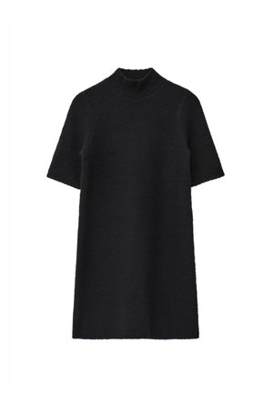 Schwarzes, kurzärmliges Kleid mit hohem Kragen, aus strukturiertem Stoff. Schlichtes, gerades Design ohne sichtbare Muster oder Akzente.