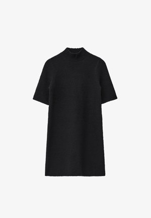 Schwarzes, kurzärmliges Kleid mit hohem Kragen, aus strukturiertem Stoff. Schlichtes, gerades Design ohne sichtbare Muster oder Akzente.