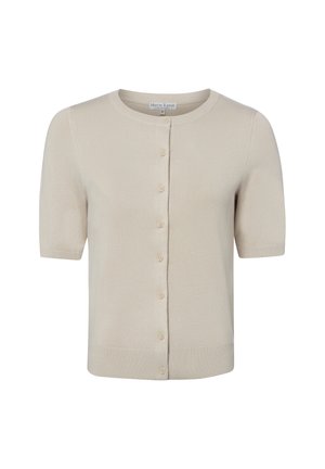 Light beige short-sleeve cardigan with round neckline and front button closure, knitted fabric and ribbed hem and cuffs.