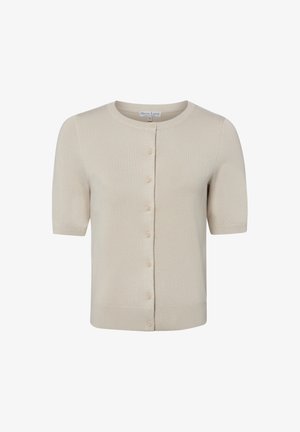 Hellbeige Kurzarm-Strickjacke mit Rundhalsausschnitt und vorderer Knopfleiste, gestrickter Stoff mit geripptem Saum und Bündchen.