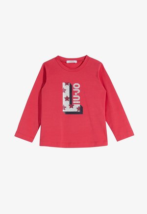 Rotes Langarmshirt für Kleinkinder mit einem großen weißen und schwarzen Buchstaben „L“, verziert mit roten Sternen und dem Markennamen „Liu Jo“ innen.
