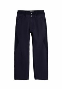 Pantaloni blu navy in tessuto misto cotone, con taglio dritto, due tasche anteriori e accenti in tessuto a contrasto sui lati.