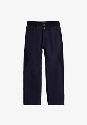 Marineblauwe broek van een katoenmix, met een rechte snit, twee voorzakken en contrasterende stoffen accenten aan de zijkanten.