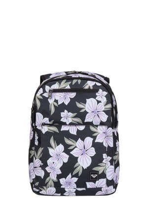 Mochila negra con estampado floral en morado claro y blanco y un bolsillo delantero con cremallera, mostrada sobre un fondo blanco.