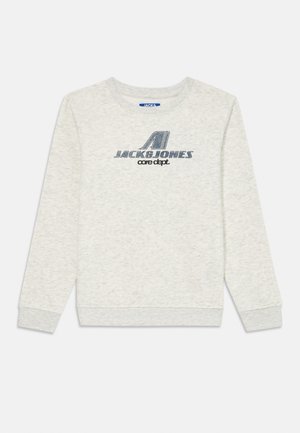 Light gray sweatshirt with long sleeves, crew neck, and a textured fabric. Features a dark blue graphic logo on the front.