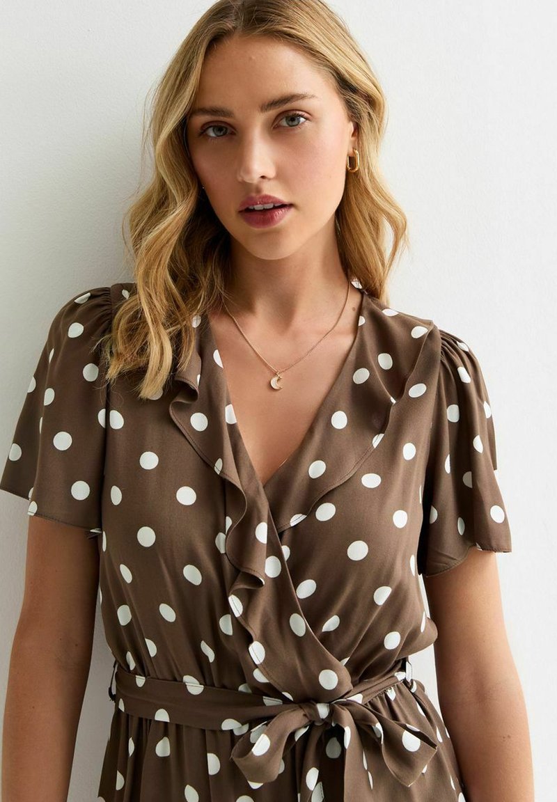 New Look POLKA-DOT WRAP-FRONT MINI - Jersey dress - brown pattern/brown