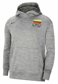 Gray pullover hoodie with a textured, heathered finish. Features a kangaroo pocket and a hood, with a green Nike logo and Lithuania flag design.