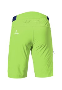 Limevihreät shortsit, joissa on tummansininen vyötärö, hengittäviä reikiä, logo takana ja sivutasku. Sileä pinta.