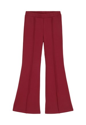 Bordeauxfarvede damebukser med vide ben og høj talje med syninger foran, lavet af et glat stof.