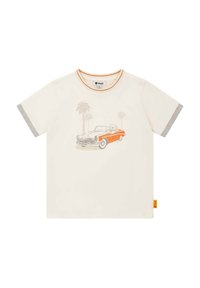 T-shirt crème avec des manches rayées grises, un col orange et un graphique de voiture représentant des palmiers et un chien. Matière en coton douce.
