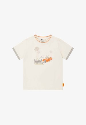 Crème T-shirt met grijs gestreepte mouwen, oranje halslijn en een autografiek met palmbomen en een hond. Zachte katoenmateriaal.
