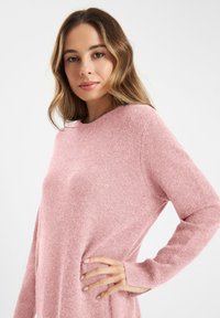 Roze gebreide trui met een ronde halslijn, lange mouwen en een zachte textuur, met een losse pasvorm en subtiele stiksels.