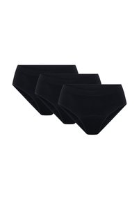 Culottes en coton noir, lot de trois, avec design sans coutures, taille élastique, coupe taille haute, texture lisse et sans motifs visibles.