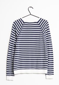 Haut à manches longues rayé bleu marine et blanc, doté d'un col et de poignets côtelés, avec des manches raglan et un ourlet droit.