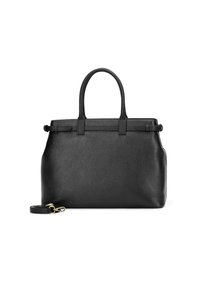 Zwarte leren handtas met een gestructureerd oppervlak, dubbele handvatten bovenaan en een afneembare schouderriem. Heeft een minimalistisch ontwerp en gouden hardwareaccenten.