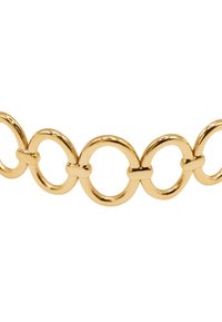 Catena in metallo dorato con collegamenti circolari alternati e connettori piatti. Superficie liscia, finitura lucida e dimensioni uniformi tra i collegamenti.