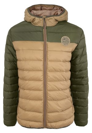 Padded jacket featuring a green and beige color block design, with quilted texture, a hood, and a zip closure. Includes side pockets and logo detail.