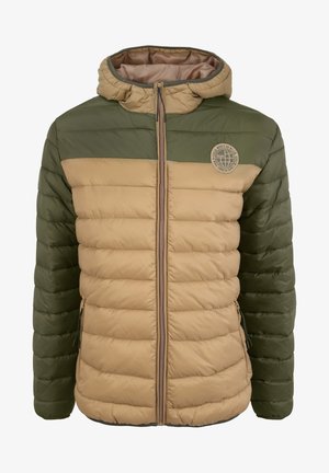 Padded jacket featuring a green and beige color block design, with quilted texture, a hood, and a zip closure. Includes side pockets and logo detail.