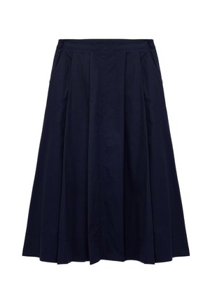 Jupe midi bleu marine avec une taille structurée, des plis à l'avant et une silhouette en A.