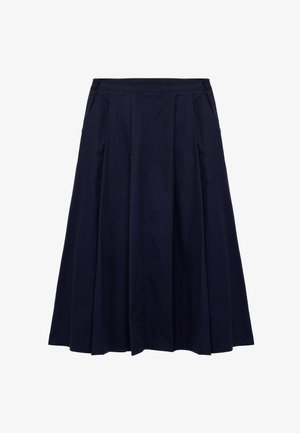 Mørkeblå midi nederdel med en struktureret talje, frontplisseringer og en A-formet silhuet.