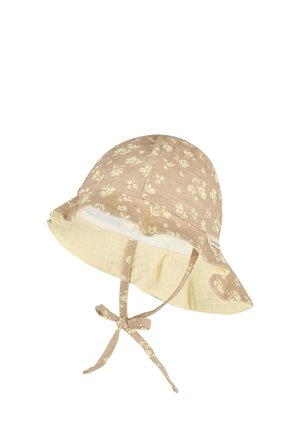 Beige baby sun hat with small floral prints, wide brim, soft fabric lining, and adjustable chin straps tied in a bow.