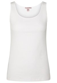 Vit ribbad linne med rund halsringning. Tillverkad av mjukt tyg, den har en åtsittande form och en slät yta. Etikett synlig på insidan.