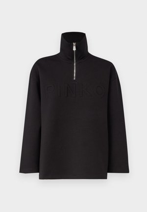 Felpa nera con colletto alto e zip a metà. Caratterizzata da logo "PINKO" in rilievo sulla parte frontale. Tessuto morbido e design oversize.