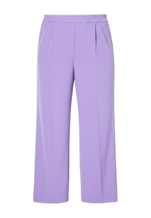 Liilanväriset leveälahkeiset housut, joissa on joustava vyötärö ja etuosassa laskokset, sivutaskut ja sileä, laskeutuva kangas.