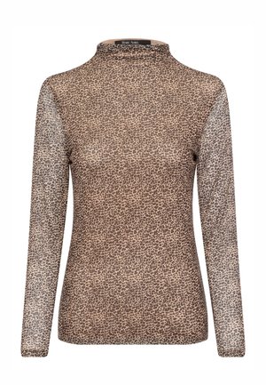 Braun-beiges Leopardenmuster, langärmliges transparentes Top mit hohem Ausschnitt, schmaler Passform und Marc Aurel Etikett innen am Kragen.
