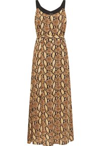 Sukienka maxi z nadrukiem w węża w kolorach brązowym, beżowym i czarnym, z szerokimi ramiączkami i paskiem w talii. Wykonana z miękkiego materiału.