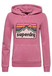 Felpa rosa con cappuccio regolabile, tasca frontale, polsini e orlo a coste. Presenta una grafica stampata con montagne e il logo "superdry."