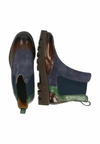 Bottes de cheville en cuir et en daim avec une tige bleue, un bout marron et des accents verts. Présente des panneaux latéraux texturés et une semelle en caoutchouc épaisse.