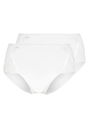 Valged puuvillased bikini aluspüksid, millel on pitsaktsendid külgedel, sile tekstuur ja klassikaline kõrge vöökoht. Komplekt kahest.