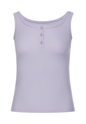 Mouwloze lilakleurige geribde tanktop met een ronde hals en drie knopen middenvoor.