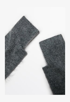 Gray knitted fingerless gloves feature a soft, textured fabric with a slightly fuzzy appearance, cut off at the wrist for easy movement.