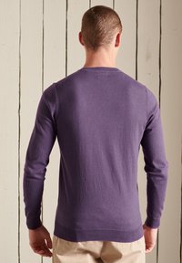 Pull en maille violet à manches longues, col rond et ourlet côtelé. Texture lisse et coupe ajustée, vue de dos.